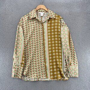 House Of Harlow 1960 Top Womens Extra Small Green Multi Mix Pattern Satin Button
